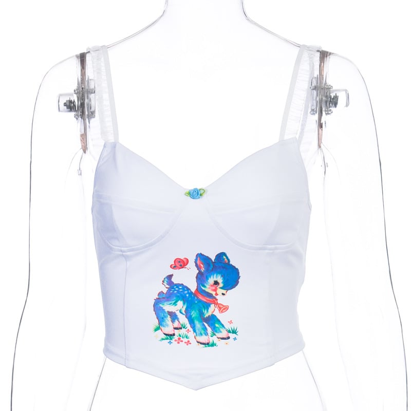 Cute Cartoon Graphic Lace Vintage Spaghetti Strap Crop Top Shirt Tee T-shirt E-Girl Kawaii Korean Japanese Harajuku Chinese Retro Streetwear Aesthetic