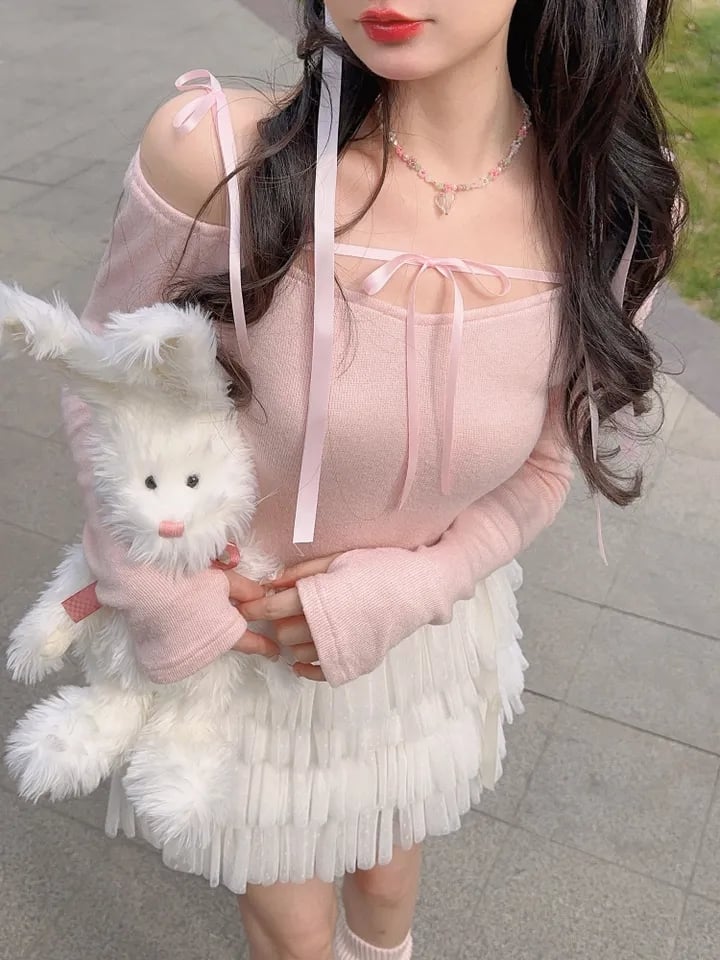 Sweet Bow Off Shoulder Long Sleeve Blouse