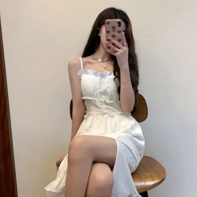 Cute White Ruffle Maxi Dress Fairy Strap Tank Lace Sundress Party Cottage Aesthetic Casual Summer E-Girl Kawaii Korean Japanese Harajuku