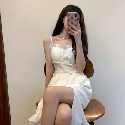 Cute White Ruffle Maxi Dress Fairy Strap Tank Lace Sundress Party Cottage Aesthetic Casual Summer E-Girl Kawaii Korean Japanese Harajuku