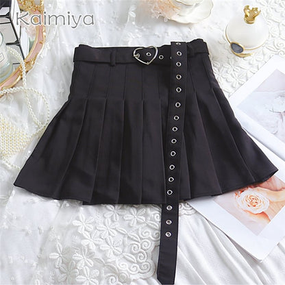 Cute Preppy Summer Pleated Heart Shape Belt High Waist Mini Skirt Bottom E-Girl Kawaii Korean Japanese Harajuku Chinese Retro Streetwear Aesthetic