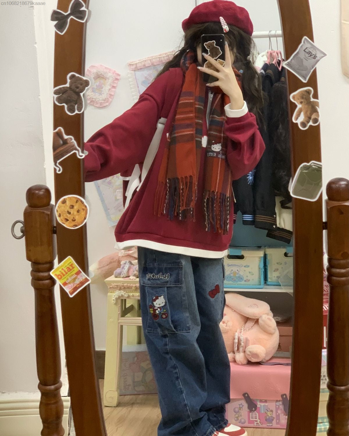 Kitty Cat Embroidery Wide Leg Denim Trousers