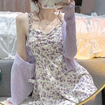 2PCS Purple Floral Spaghetti Strap Mini Dress + Cardigan