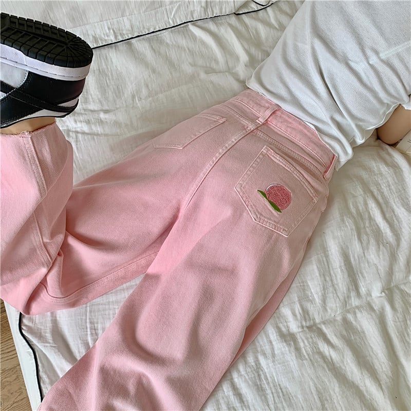 Pink Peach Embroidery Denim Pants