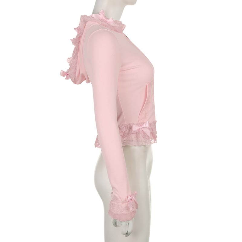 Pink Lace Ruffle Hem Cropped Zipper Hoodie