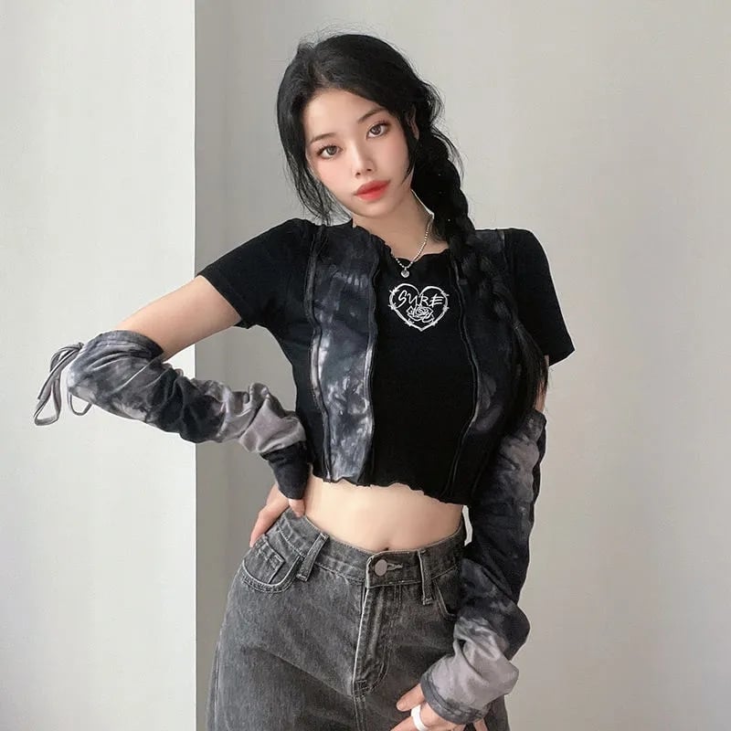 Black & Grey Patchwork Crop Top with Sleeve
