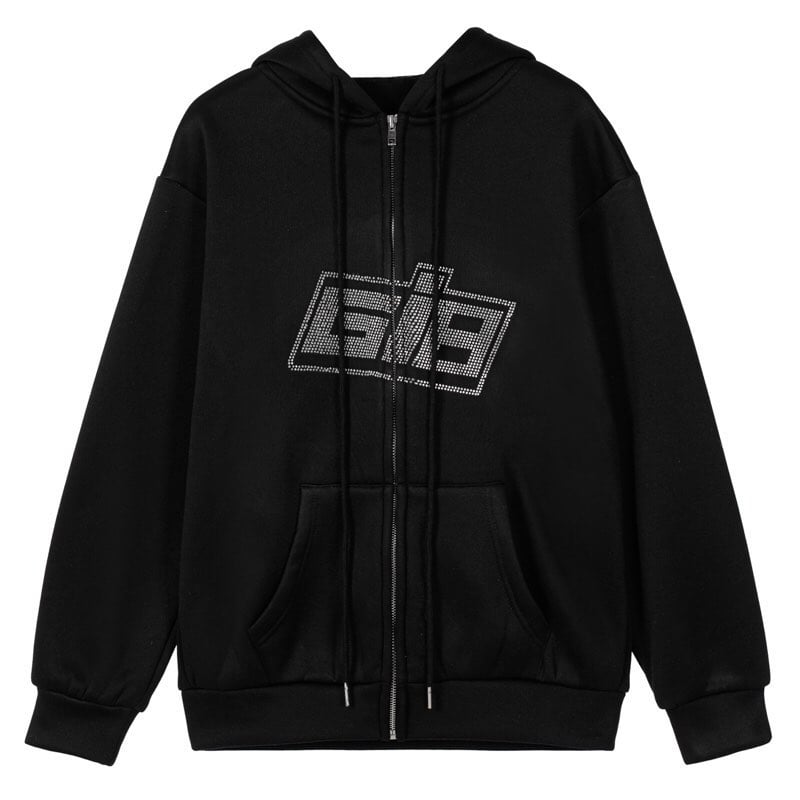 Cute Retro 90s Rhinestone Bling Crystal Zipper Hoodie Long Sleeve Pullover Jumper Sweater Aesthetic E-Girl Kawaii Korean Japanese Harajuku Streetwear