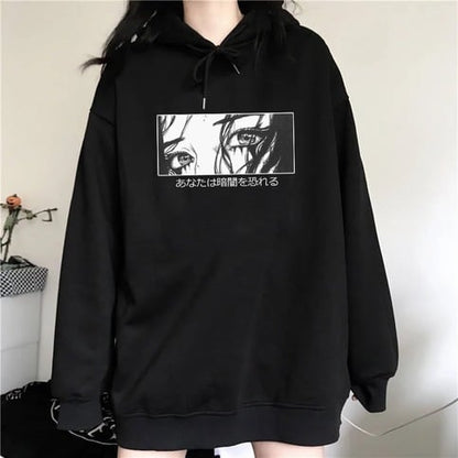 Cute Japanese Horror Punk Goth Cartoon Print Casual Sweatshirt Hoodie Pullover E-Girl Kawaii Korean Japanese Harajuku Retro Streetwear Aesthetic