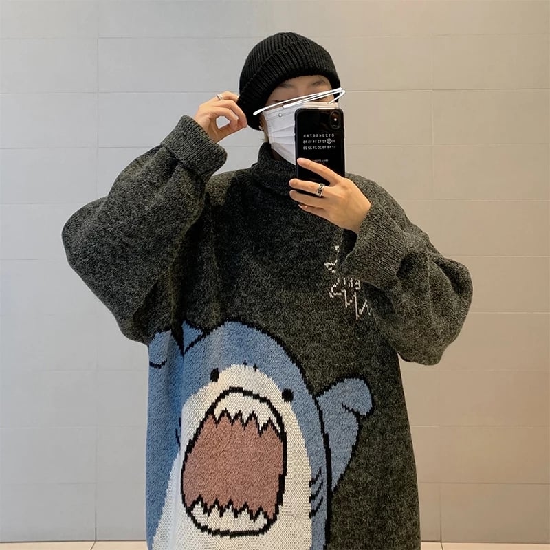 Cute Funny Shark Cartoon Knit Turtleneck Oversized Sweater Pullover Winter Aesthetic Casual Kawaii Korean Japanese Harajuku