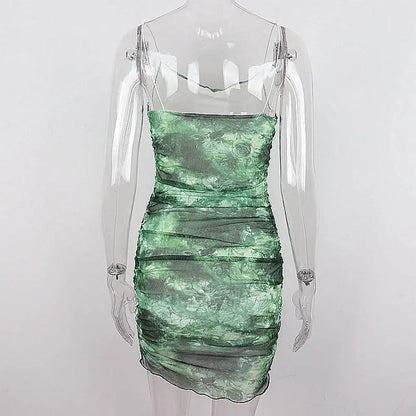 Green Mesh Spaghetti Strap Mini Dress
