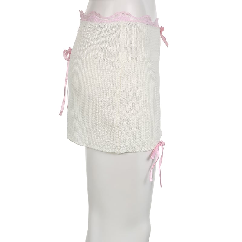 White Knit Bow Ribbed Trim Low Waist Mini Skirt
