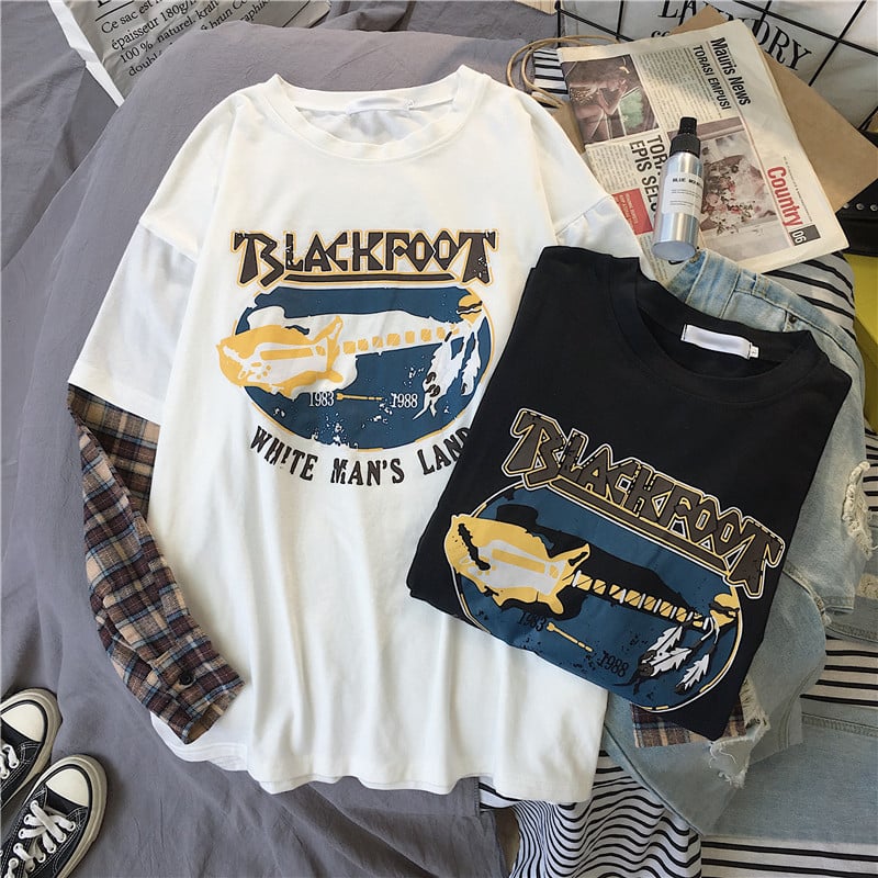 Black White Plaid Patchwork Print Loose Casual Sweatshirt Sweater Long Sleeve Shirt Pullover Jumper E-Girl Kawaii Korean Japanese Harajuku Streetwear