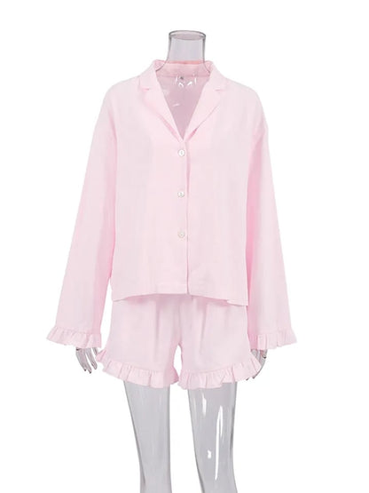 2PCS Pink Ruffle Long Sleeve Shirt + Shorts Pajama Set
