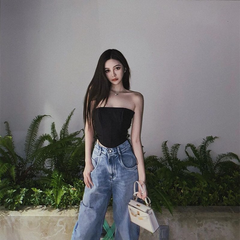 Sexy Black Corset Lace Tie Up Bustier Crop Top Sleeveless Strapless Vest Party Club Aesthetic Goth E-Girl Kawaii Korean Japanese Harajuku Streetwear