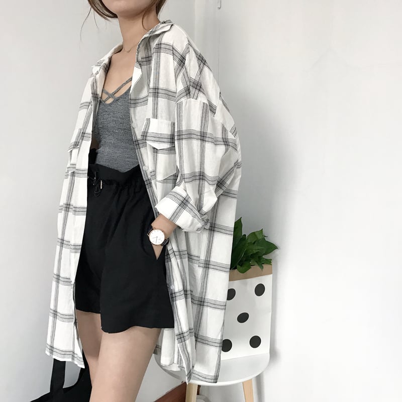 Cute Casual Plaid Flannel Loose Oversized Long Sleeve Shirt Top Boyfriend Baggy E-Girl Kawaii Korean Japanese Harajuku Retro Streetwear