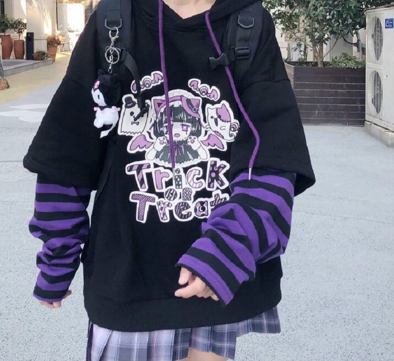 Anime Girl Cartoon Casual Stripe Loose Oversized Hoodie Sweater Sweatshirt Long Sleeve Pullover E-Girl Kawaii Korean Japanese Harajuku Streetwear
