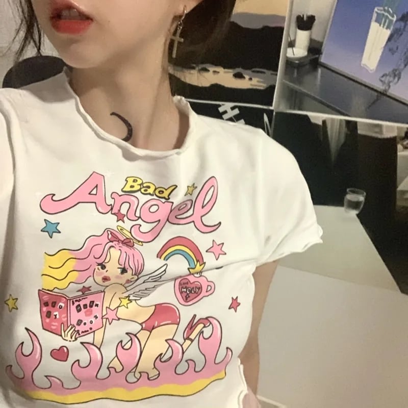 Angel Print Ruffle Short Sleeve T-shirt