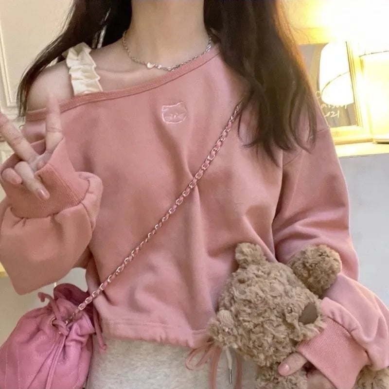 Pink Cat Embroidery Crop Sweater