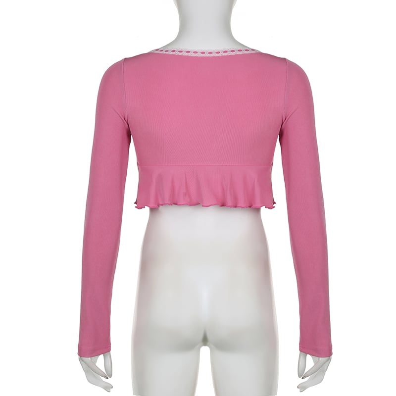 Pink Frill Lace Long Sleeve Crop Top