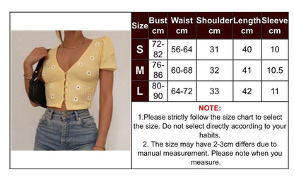 Cute Yellow Flower Embroidery Button V Neck Short Sleeve Shirt Crop Top Cardigan Summer Aesthetic E-Girl Kawaii Korean Japanese Harajuku Streetwear