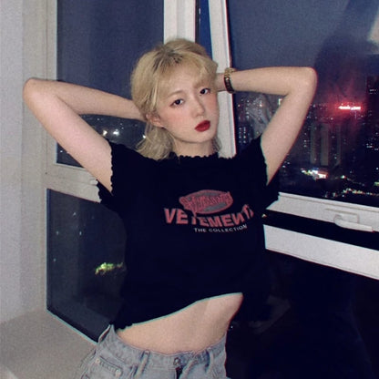 Cute Vintage Ruffle Off White Letter Print Short Sleeve Shirt Aesthetic Casual Summer E-Girl Kawaii Korean Japanese Harajuku