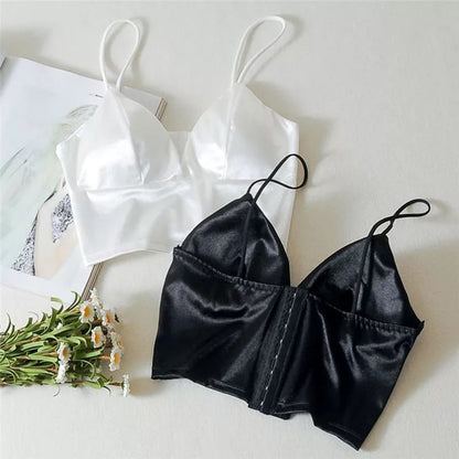 Cute Black White Shiny Silk Crop Top Sleeveless Shirt Tank Spaghetti Strap Blouse Summer Club Party E-Girl Kawaii Korean Japanese Harajuku Streetwear