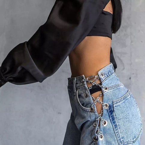 Chain High Waist Straight Denim Jeans Legs Light Blue Pants Summer Aesthetic Casual E-Girl Kawaii Korean Japanese Harajuku