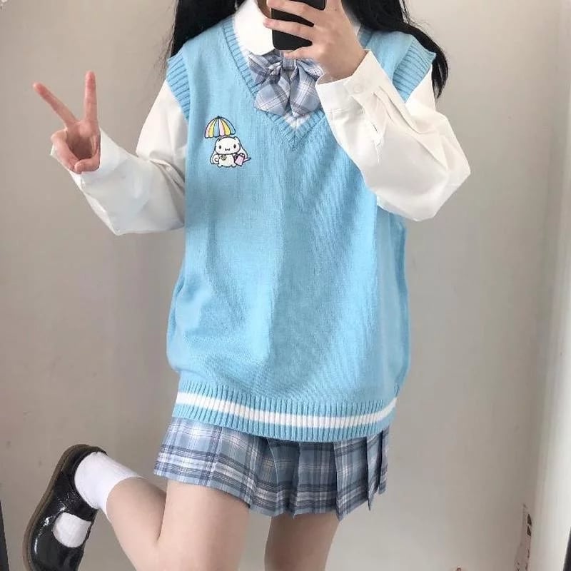 Cute Anime Cartoon Print Knit Vest Sweater Crop Top V Neck Sleeveless Shirt Aesthetic Casual Summer E-Girl Kawaii Korean Japanese Harajuku