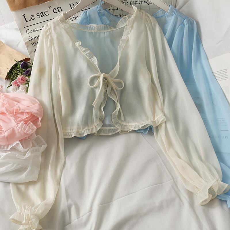 Thin Sheer Bow Long Sleeve Cardigan