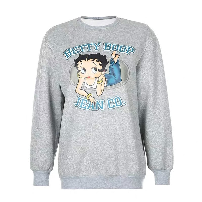 Cute 80s 90s Vintage Cartoon Girl Print Long Sleeve Shirt Hoodie Pullover Sweatshirt Sweater Casual E-Girl Kawaii Korean Japanese Harajuku Streetwear