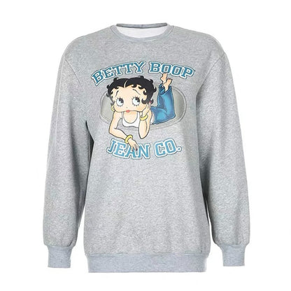 Cute 80s 90s Vintage Cartoon Girl Print Long Sleeve Shirt Hoodie Pullover Sweatshirt Sweater Casual E-Girl Kawaii Korean Japanese Harajuku Streetwear