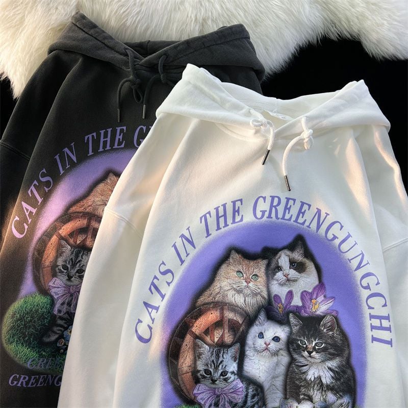 Purple Flower Kitten Print Oversized Hoodie