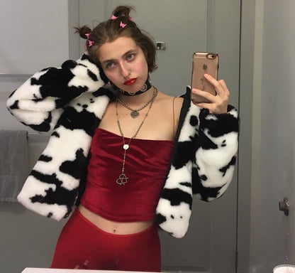 Cute Cow Animal Print Faux Fur Coat Jacket Zipper Sweater Jumper Casual E-Girl Kawaii Korean Japanese Harajuku Chinese Retro Streetwear Aesthetic