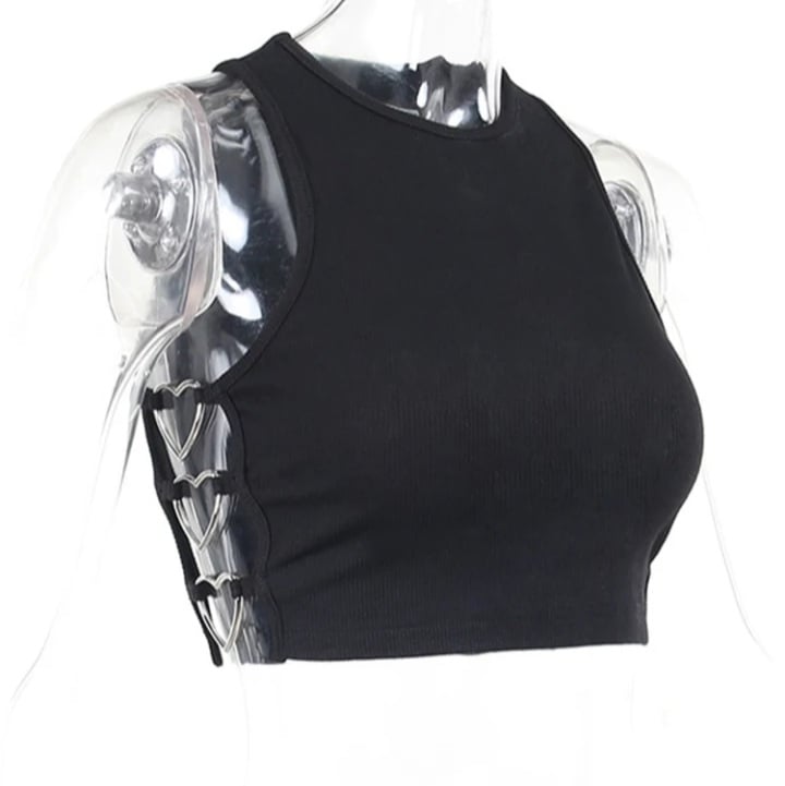 Cute Black Heart Hollow Out Ribbed Tank Crop Top Sleeveless Shirt Punk Goth Summer Aesthetic Casual E-Girl Kawaii Korean Japanese Harajuku