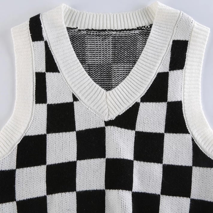 Cute Preppy Argyle Plaid Sweater Vest Sleeveless Knit Crop Top V Neck Shirt Aesthetic Casual Summer E-Girl Kawaii Korean Japanese Harajuku