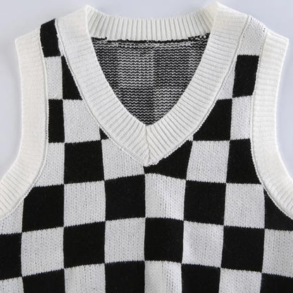 Cute Preppy Argyle Plaid Sweater Vest Sleeveless Knit Crop Top V Neck Shirt Aesthetic Casual Summer E-Girl Kawaii Korean Japanese Harajuku