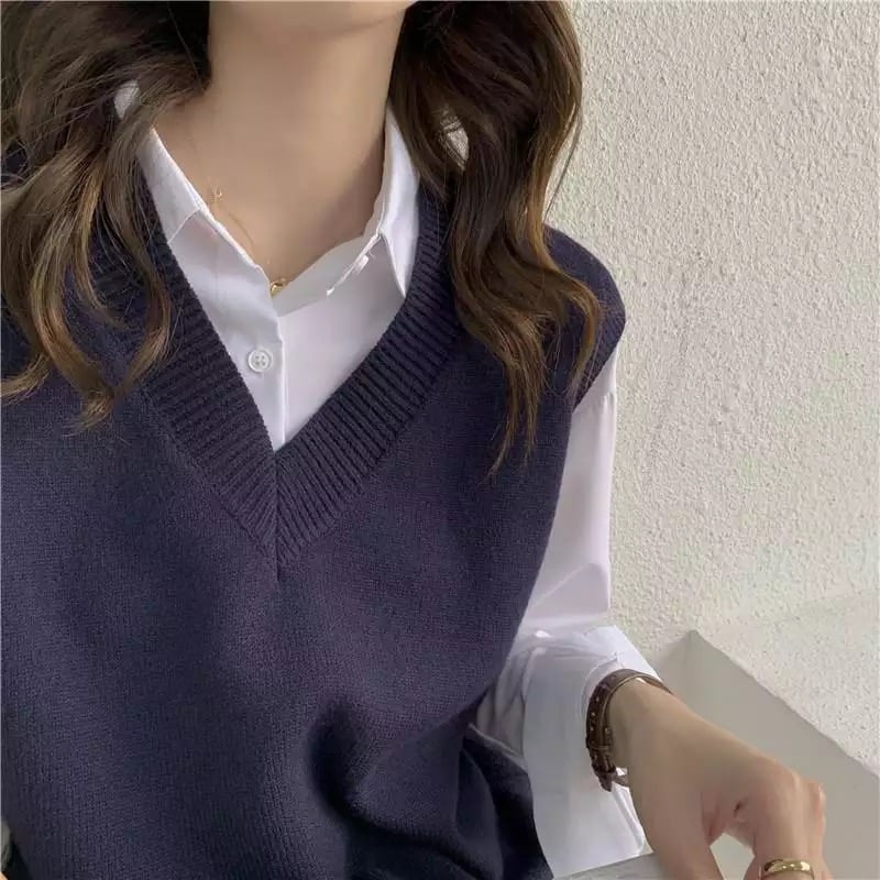Cute Solid Simple V Neck Knit Vest Sleeveless Oversized Loose Sweater Sweatshirt Pullover Jumper E-Girl Kawaii Korean Japanese Harajuku Streetwear