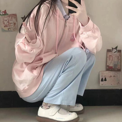 Pink Rabbit Print Oversized Hoodie