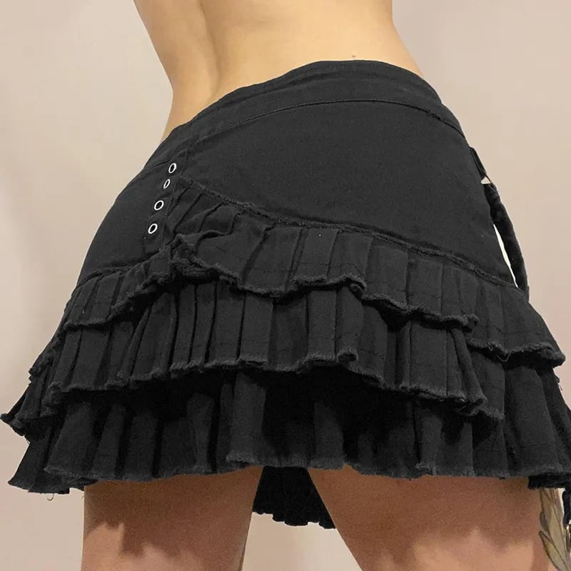 Black Denim Pleated Low Waist Irregular Mini Skirt