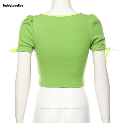Cute Sexy Neon Green Ribbed Knit Bow Crop Top Short Sleeve Shirt Tee T-shirt E-Girl Kawaii Korean Japanese Harajuku Chinese Retro Streetwear Aesthetic