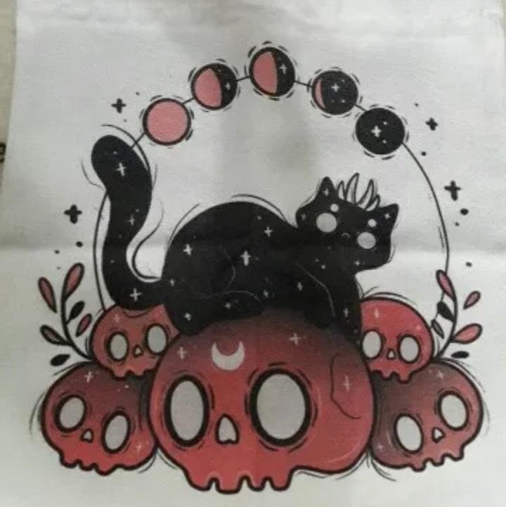 Cute Cat Skull Print Reusable Shopping Bag Canvas Tote Shoulder Bag Aesthetic Casual E-Girl Kawaii Korean Japanese Harajuku
