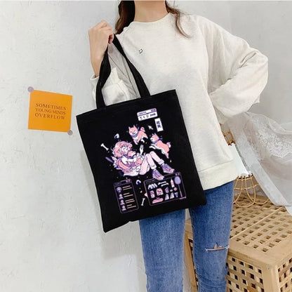 Cute Shiba Inu Anime Girl Cartoon Tote Canvas Bag Shopper Shoulder Bag Aesthetic Casual Summer E-Girl Kawaii Korean Japanese Harajuku