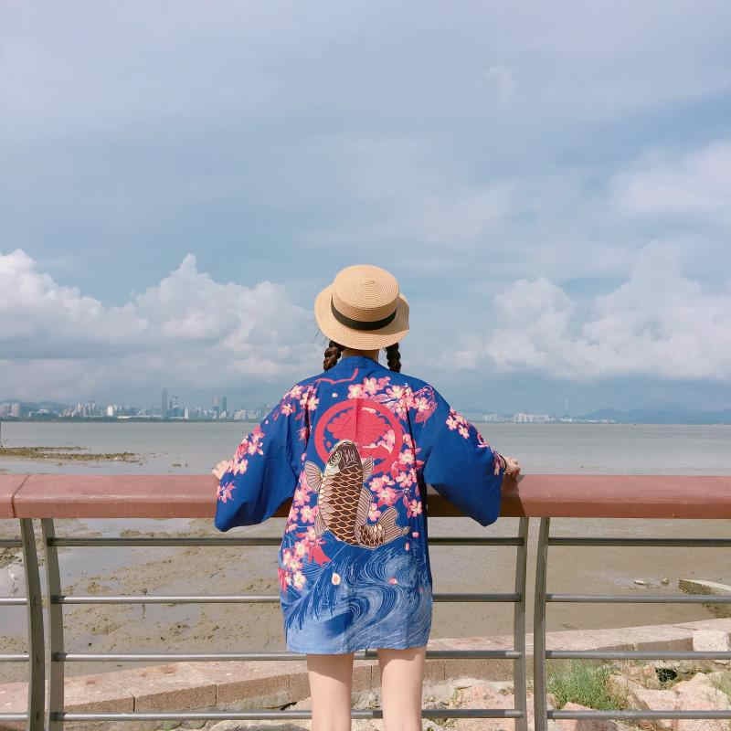 Cute Koi Goldfish Sakura Cherry Blossom Kimono Print Loose Cardigan Blouse Long Sleeve Shirt Top E-Girl Kawaii Korean Japanese Harajuku Streetwear