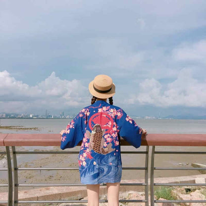 Cute Koi Goldfish Sakura Cherry Blossom Kimono Print Loose Cardigan Blouse Long Sleeve Shirt Top E-Girl Kawaii Korean Japanese Harajuku Streetwear