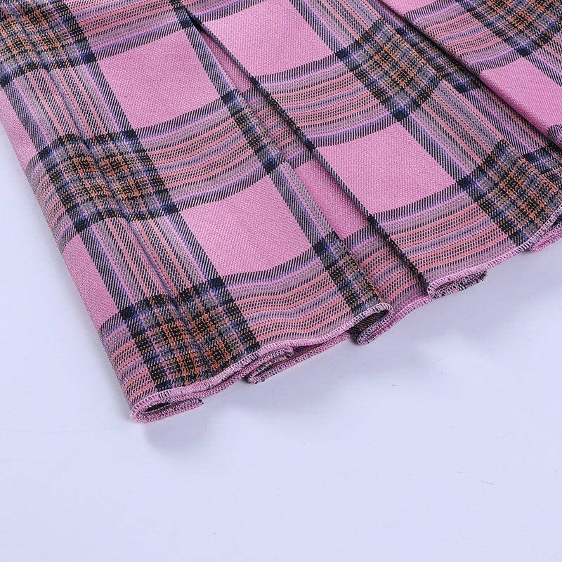 Cute Pink Plaid Checkered Pleated High Waisted Mini Skirt A-line Chic Goth Punk Club E-Girl Kawaii Korean Japanese Harajuku Streetwear