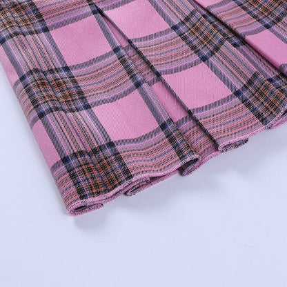 Cute Pink Plaid Checkered Pleated High Waisted Mini Skirt A-line Chic Goth Punk Club E-Girl Kawaii Korean Japanese Harajuku Streetwear