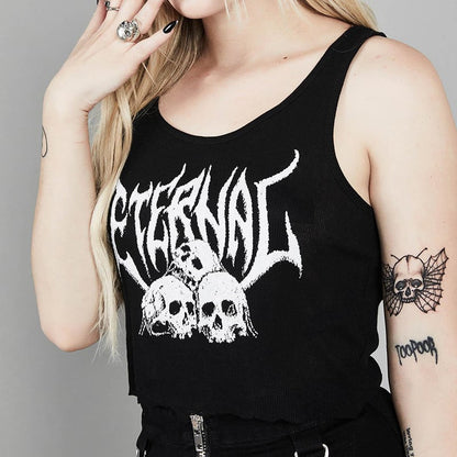 Black Skull Print Knit Ruffle Tank Top Cropped Sleeveless Shirt Causal Goth Punk Causal Summer E-Girl Kawaii Korean Japanese Harajuku Streetwear