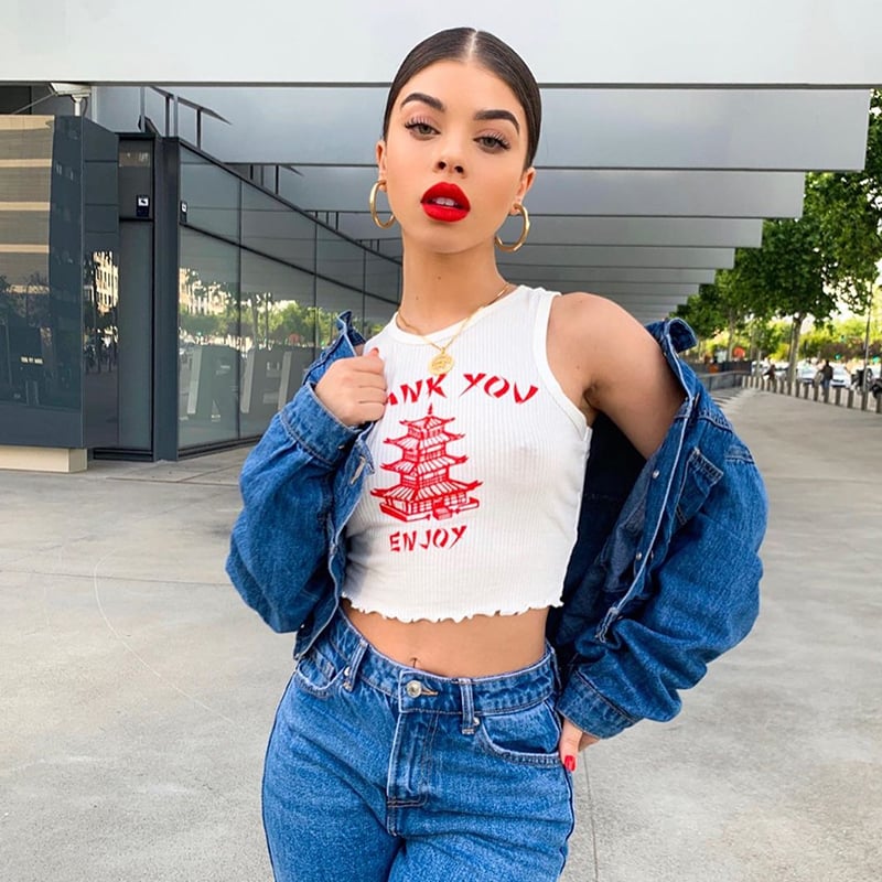 Cute Chinese Takeout Letter Embroidery White Tank Top Cropped Camisole Tee Shirt T-shirt E-Girl Kawaii Korean Japanese Harajuku Retro Streetwear
