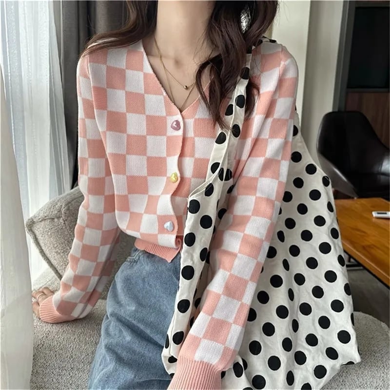 Purple Color Block Heart Button V Neck Sweater