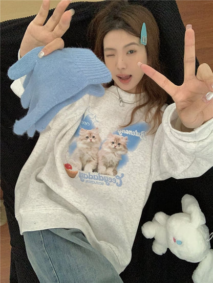 Cat Print Long Sleeve Sweatshirt